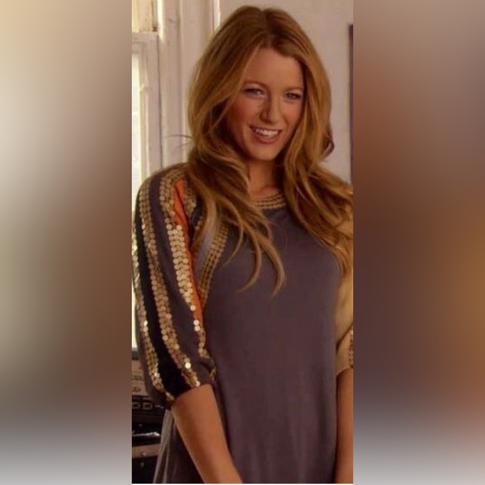 See by Chloé Gray Mini Dress with Sequined Stripes